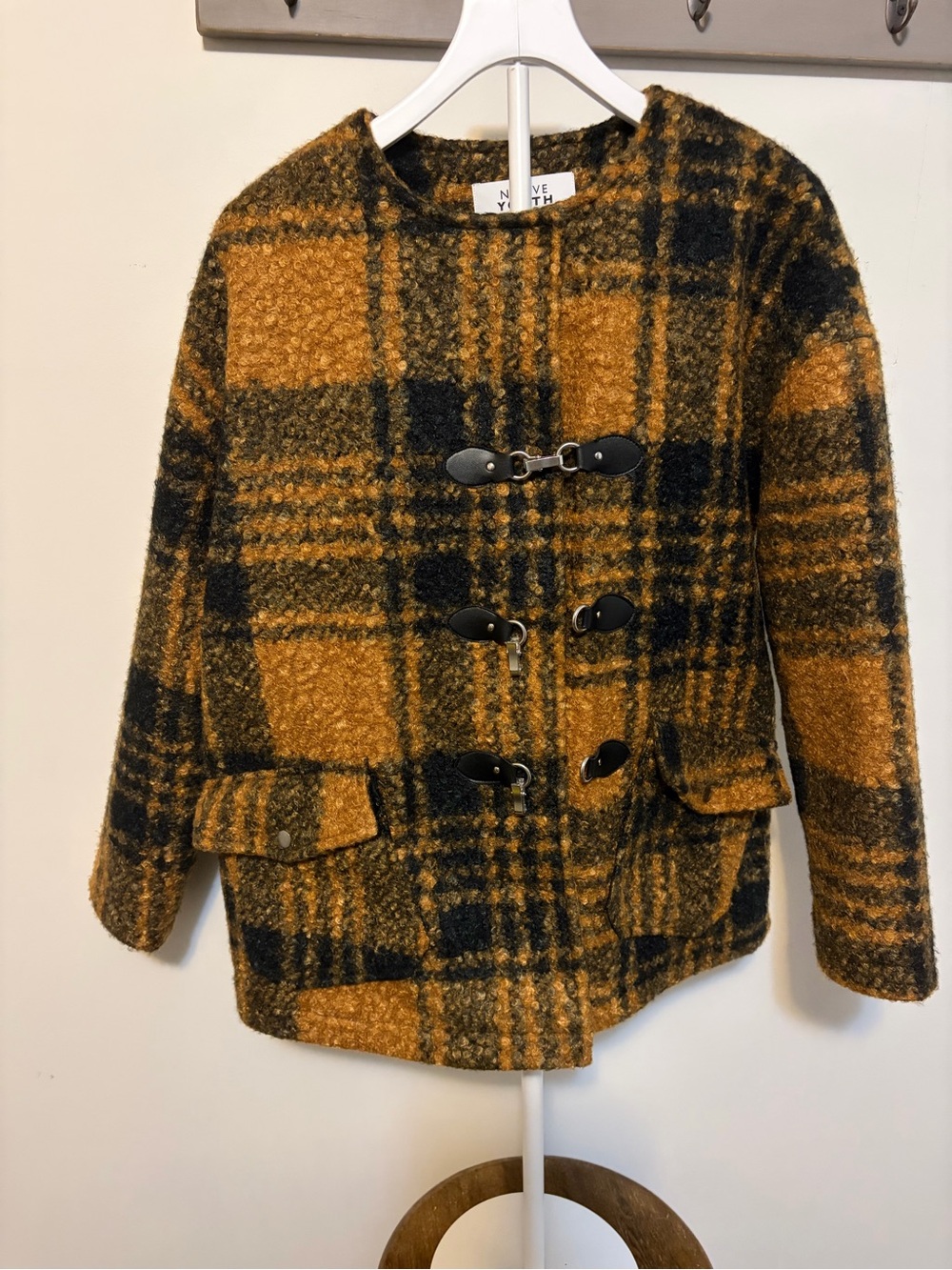 NATIVE YOUTH Mustard & Black Plaid Toggle Pea Coat